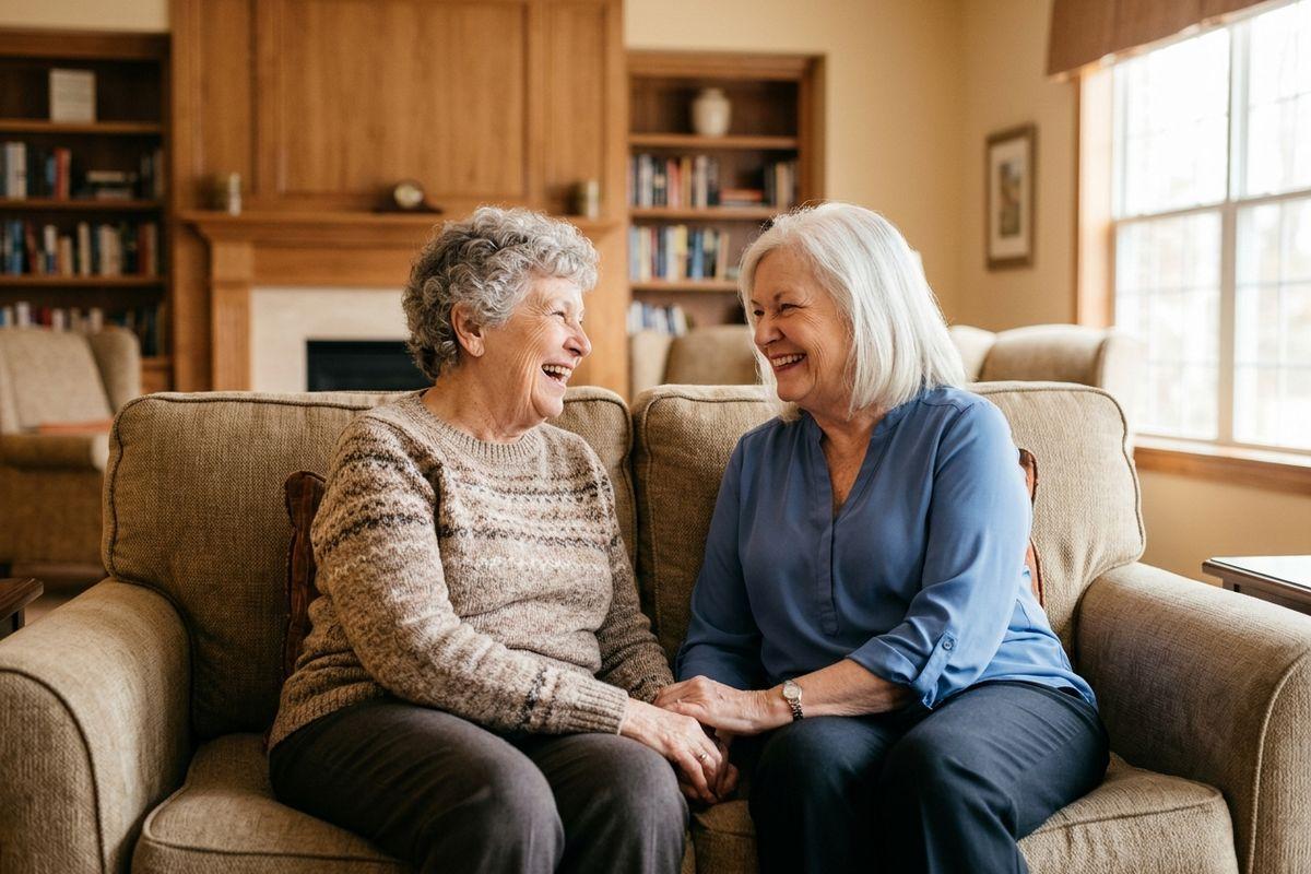 Two seniors sit together on a couch, holding hands and laughing, in a living room with bookshelves.
