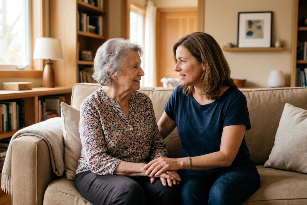 A senior and a younger caregiver sit holding hands on a couch, smiling and talking to each other in a living room.