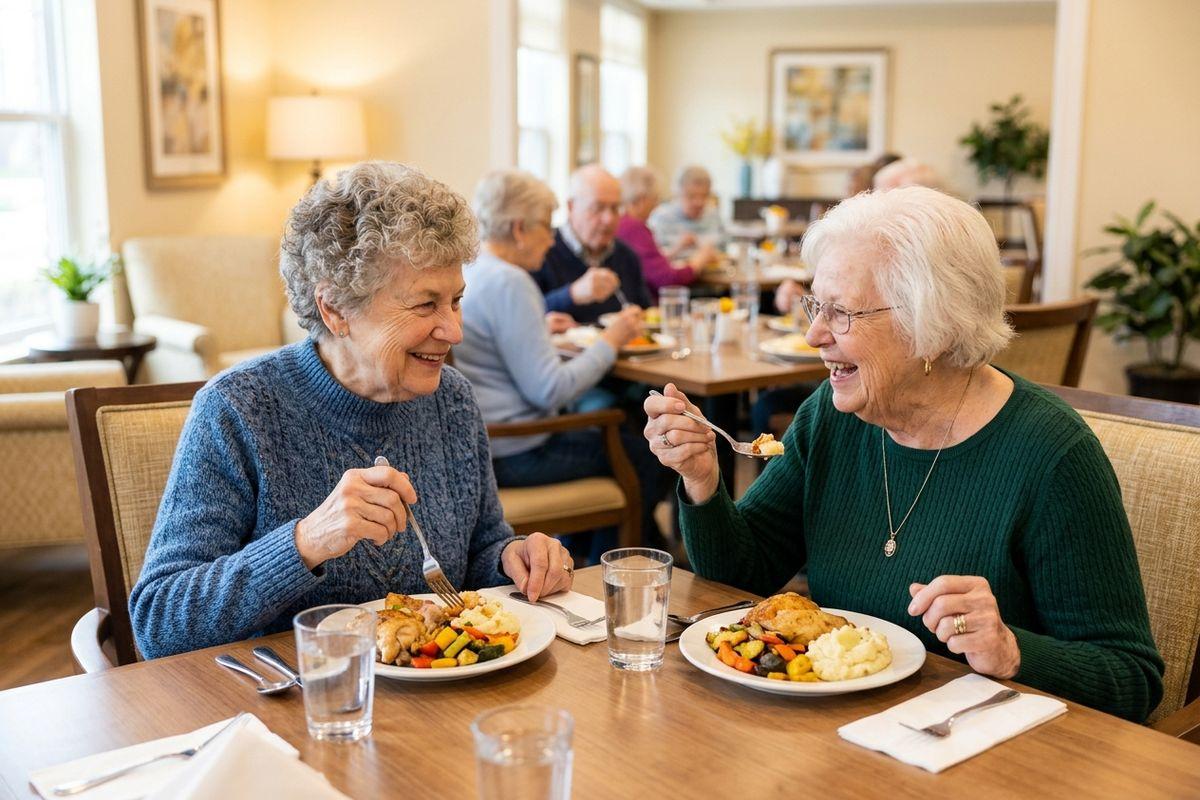 Two seniors smile while eating meals at a dining table, with other people dining behind them.
