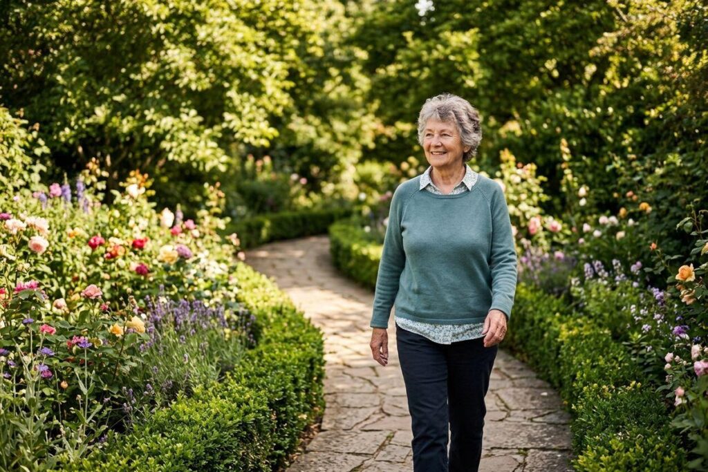 A senior smiles while walking along a stone garden path lined with flowers and hedges.