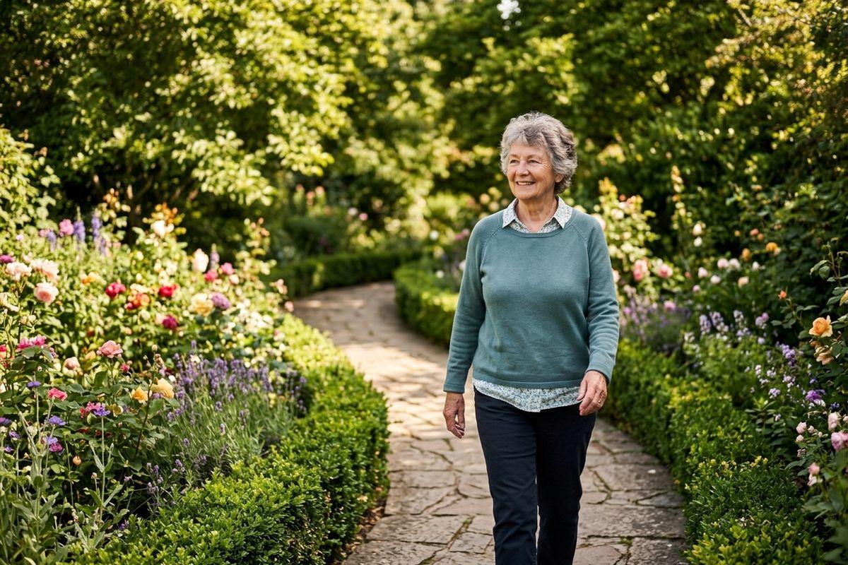 A senior smiles while walking along a stone garden path lined with flowers and hedges.