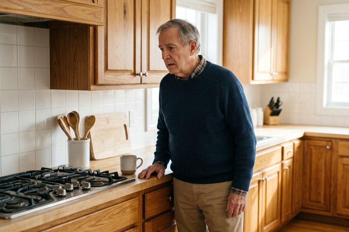 A senior in a blue sweater stands at the kitchen counter beside a mug and stove, looking away with a concerned expression.