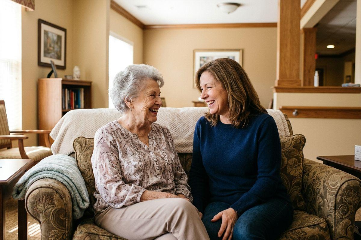 An older adult and a younger adult sitting close together on a sofa, smiling and laughing at each other in a memory care community living room.