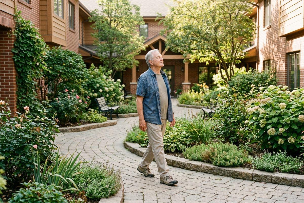 An older adult walking on a paved community path through a landscaped courtyard garden with flowering bushes and brick buildings.